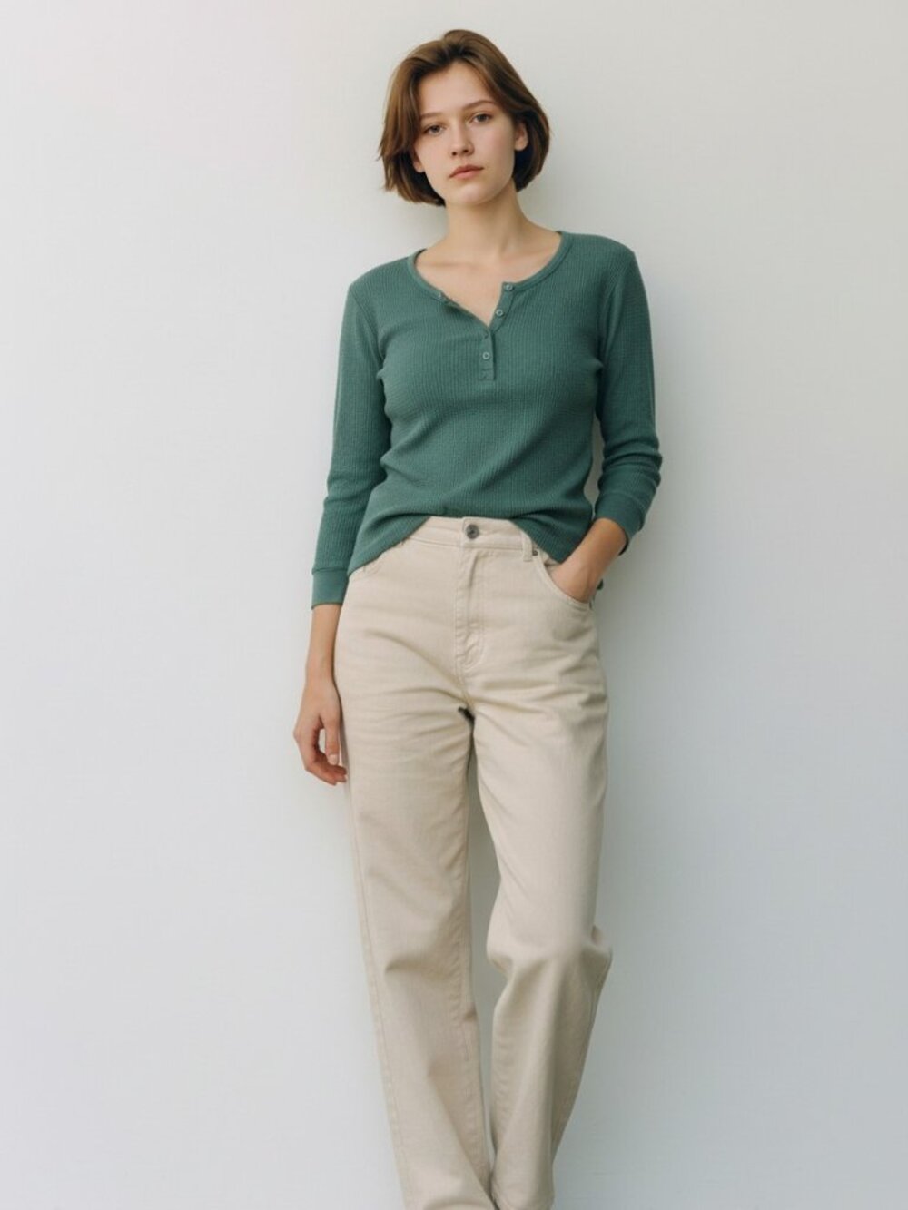 Splendid Waffle Knit Henley, Green M